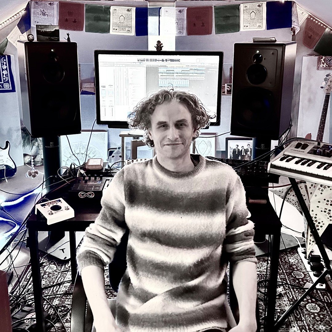 Joe Studt of Hypnocoustics in his studio; his official profile identifies Flying Sorcerers as his project with Aphid Moon.