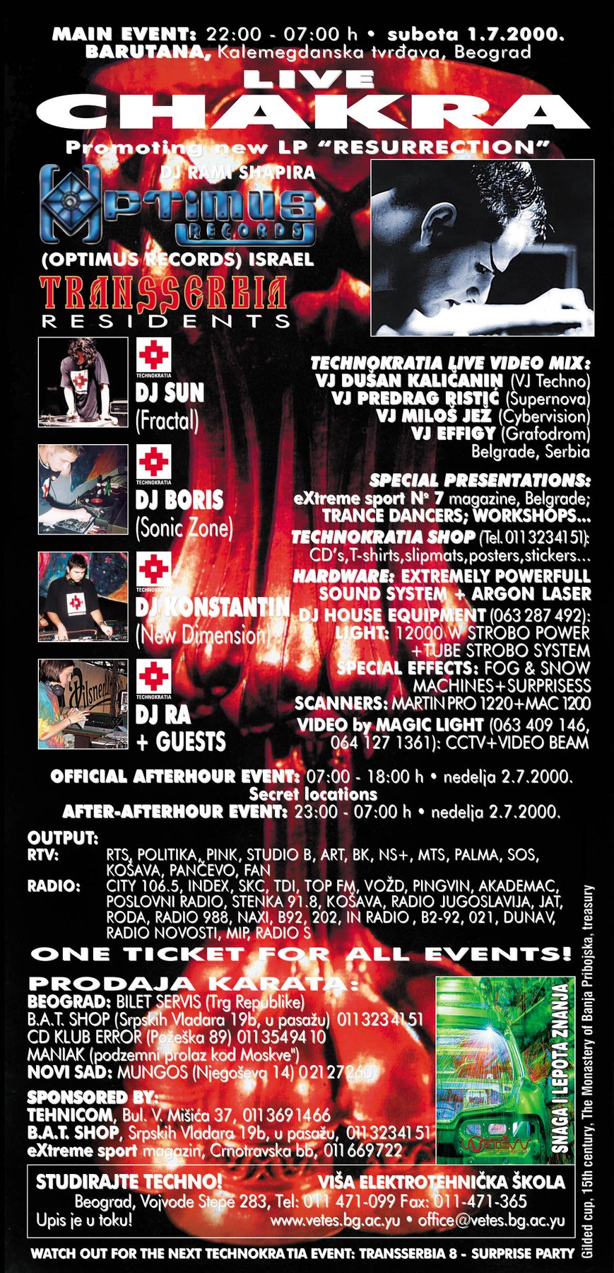 Archival Transserbia 7 flyer announcing a Chakra live act at Barutana in Belgrade on 1 July 2000.