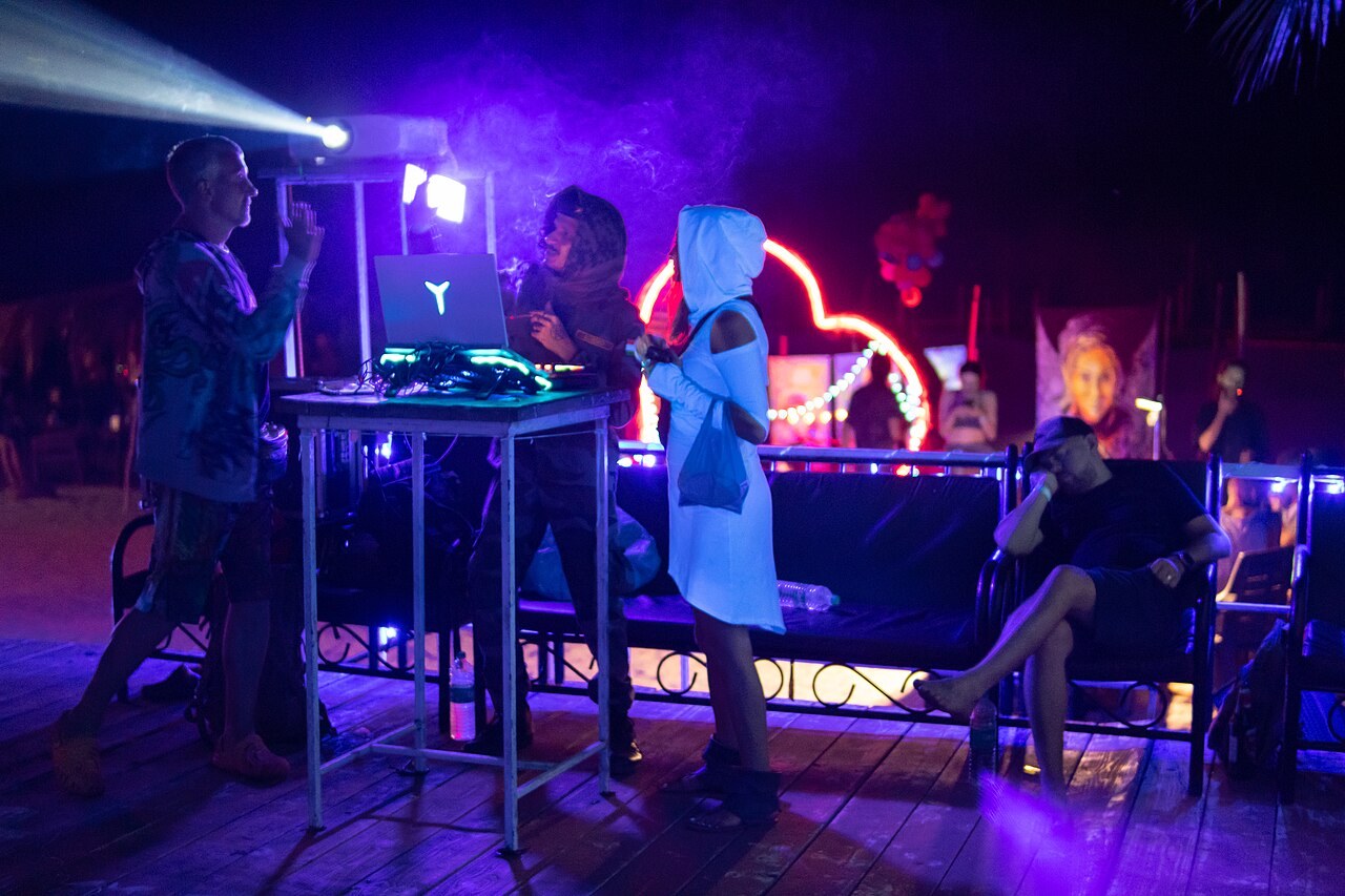 A VJ setup at a psychedelic trance party in Ashwem, Goa, in March 2025.